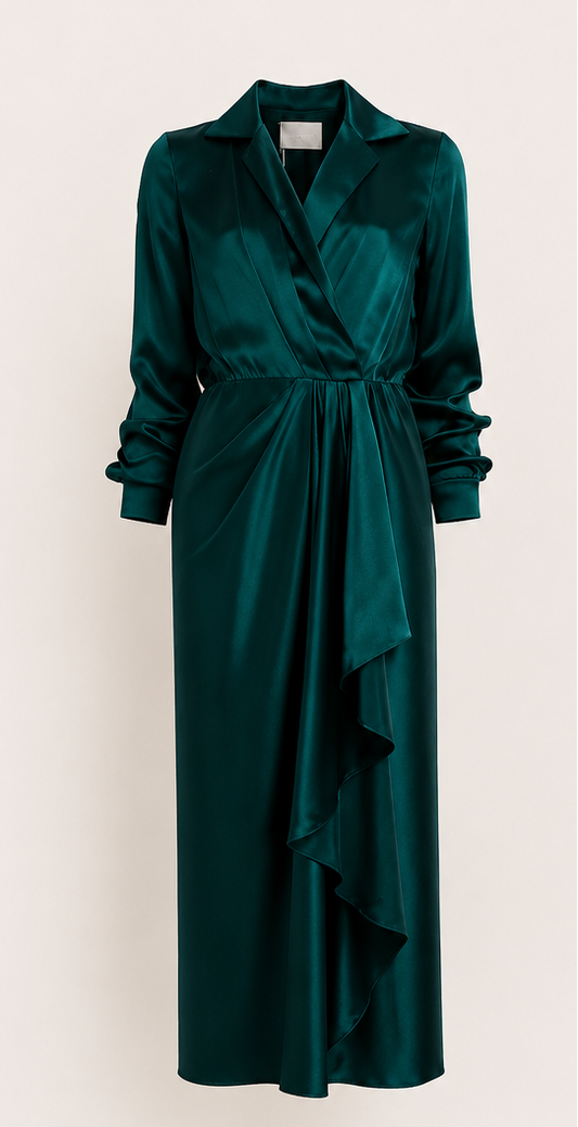 EMERALD SATIN WRAP DRESS